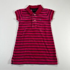 RALPH LAUREN Girls Velour Stripe Pony Logo Shift Polo Dress Pink/Navy Sz 18M